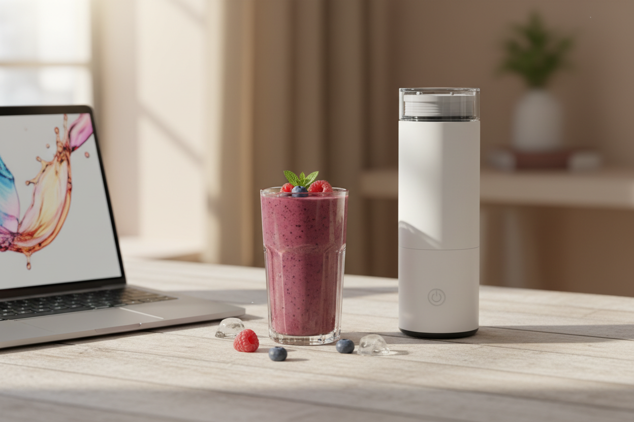 Place the portable blender on a table with a macbook. i want the macboo on the left ahowing partially, and the portable blender on the right side. Then add a glass of smoothie in the middle